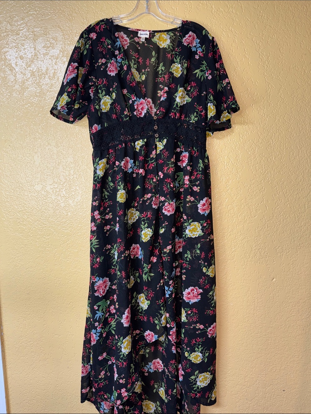 Black Floral V-Neck Midi Dress with Smocked Waist